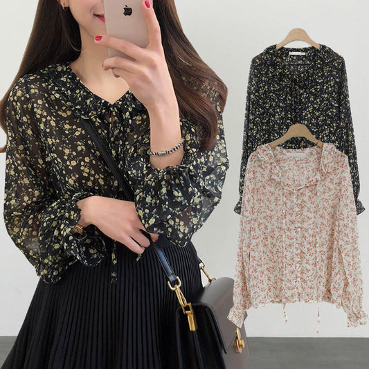 Blusa Larga de Gasa con Volantes Florales y Mangas Largas para Mujer
