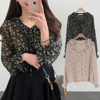 Blusa Larga de Gasa con Volantes Florales y Mangas Largas para Mujer