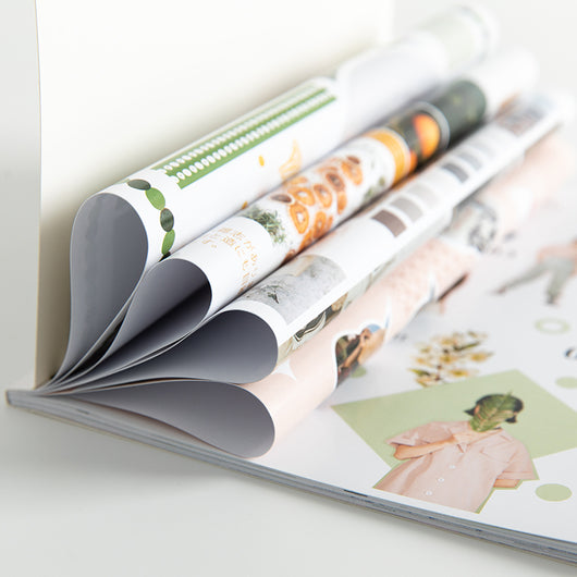 White RosyPosy magazine sticker with a minimalist interior design print featuring a table, chair, and plants. - Image 8