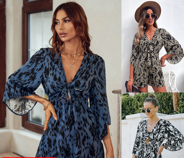 Jumpsuit Holgado con Escote V, Estampado y Detalles Recortados en Gasa