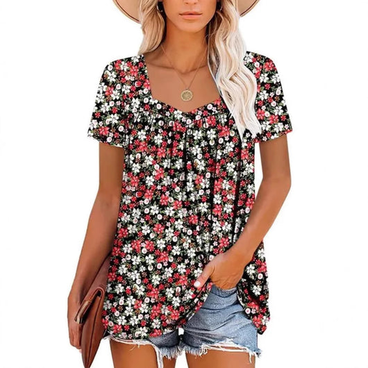 Camiseta Suelta Estampada Cuello Cuadrado Manga Corta para Mujer - Image 3