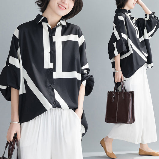 Camisa Suelta de Contraste Estilo Coreano Talla Grande Impresión Media Larga