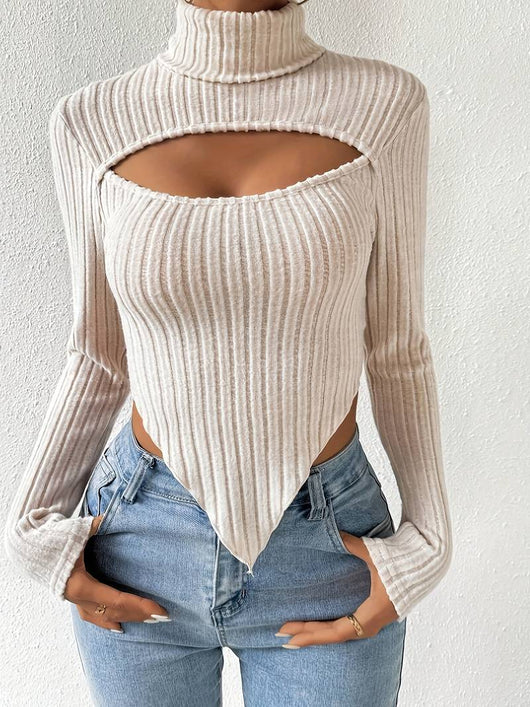 Blusa Tejida Rayada con Detalles Calados - Manga Larga Irregular Otoño Invierno - Image 9