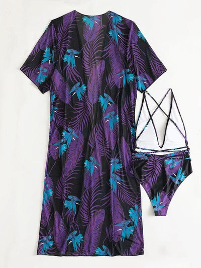 Women's tropical print one-piece swimsuit with deep V-neck and high-cut leg, paired with a matching long-sleeve cover-up. - Image 20