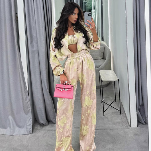 Conjunto de 3 Piezas: Camisa Manga Larga con Solapa, Top Tubo y Pantalón Ancho