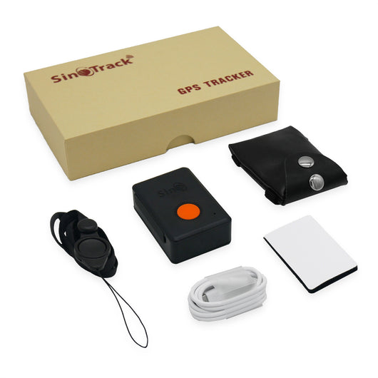 Sinotrack GPS tracker kit with black device, orange button, white charging cable, lanyard, pouch, and box. - Image 4