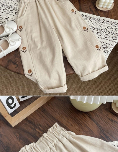 Pantalones Infantiles Cintura Alta con Bordado Floral - Estilo Occidental - Image 12