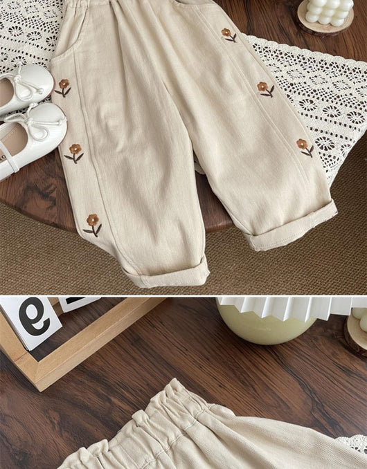 Pantalones Infantiles Cintura Alta con Bordado Floral - Estilo Occidental - Image 12