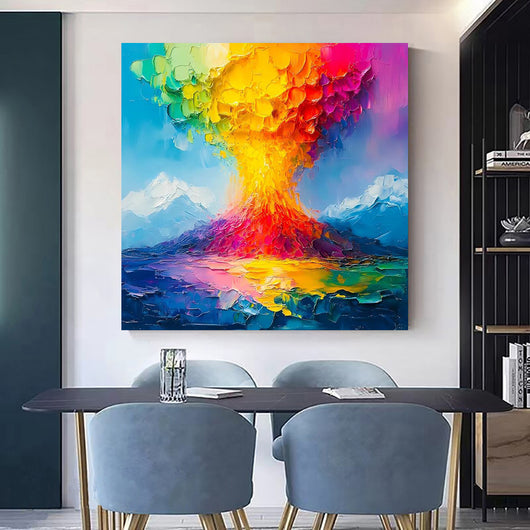 Cuadro Óleo Artesanal Erupción Volcánica - Lienzo Grueso Naranja y Azul - Image 10