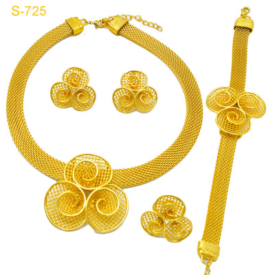 Gold-colored four-piece jewelry set with mesh texture: necklace, drop earrings, bracelet, and ring, all with knot design. - Image 5