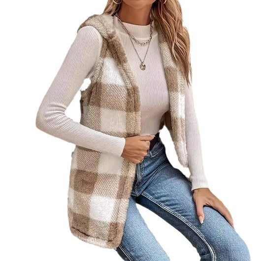 Elegant Bicolor Plaid Cardigan Vest with Hood - Women's Plush Coat