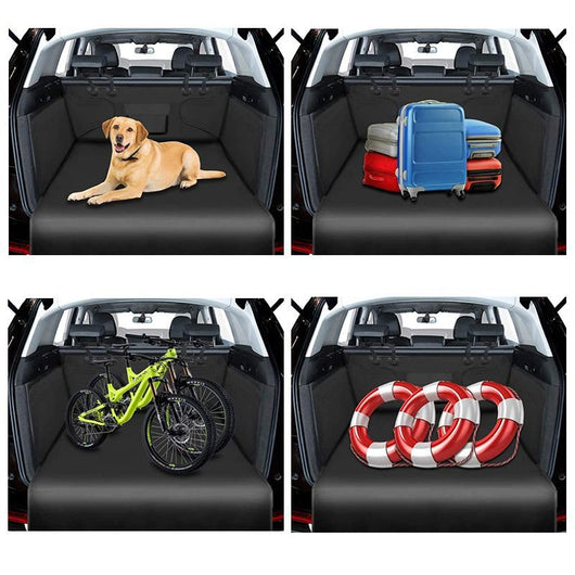 Black waterproof 600D Oxford cloth pet mat covering a vehicle's cargo area, featuring side flaps and a storage pocket. - Image 14