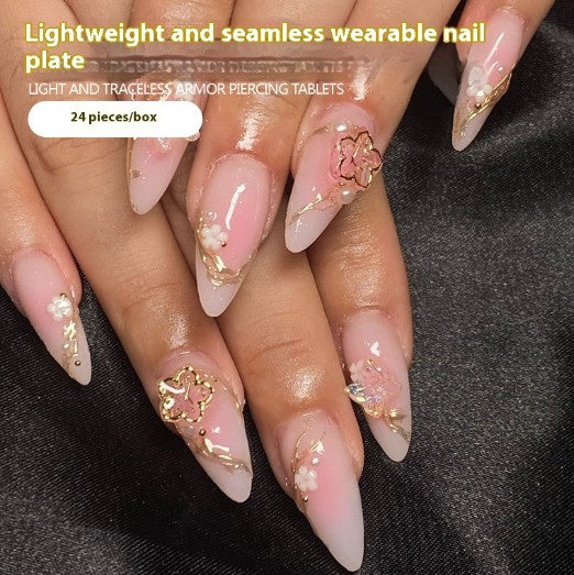 Uñas Postizas con Degradado Floral y Acabado Dorado
