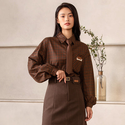 Camisa Preppy de Cuadros con Corbata Integrada de Manga Larga para Mujer - Image 13