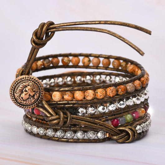 Pulsera de Cuero con Piedra de Imagen Natural y 5 Anillos Enrollados - Image 4