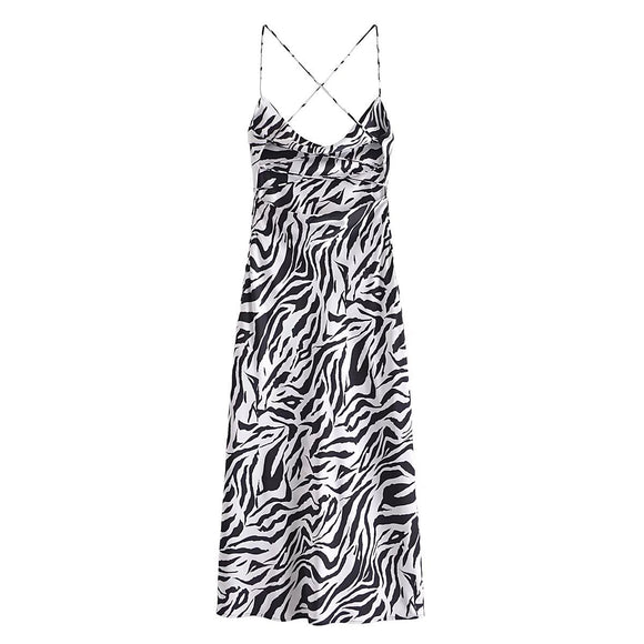 Vestido Slip Ajustado con Estampado Animal Print Blanco y Negro