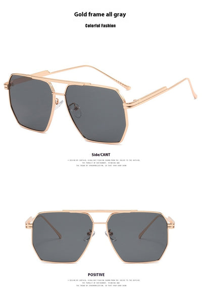 Gold frame double gray polygonal sunglasses with a double beam design and gradient lenses. - Image 14