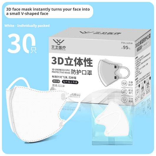Black 3D stereoscopic protective face mask with ear hooks, individually packed, shown with a box of 30. - Image 4
