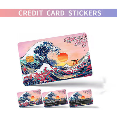 Anime cityscape credit card sticker with vibrant pink, purple, and blue hues, showing buildings and power lines. - Image 13