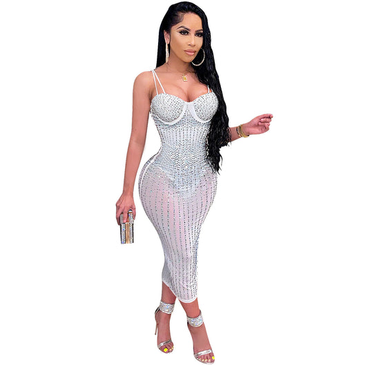 Vestido de Fiesta Mesh Transparente con Strass y Tirantes Ajustables - Image 7