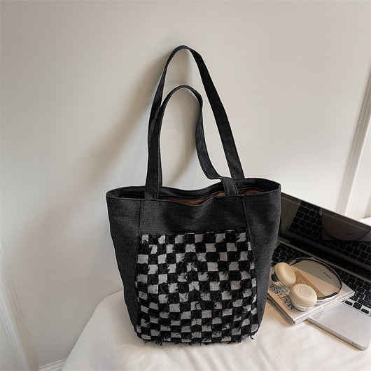 Bolsa Tote de Mezclilla Lavada con Patrón Escocés y Gran Capacidad - Image 6
