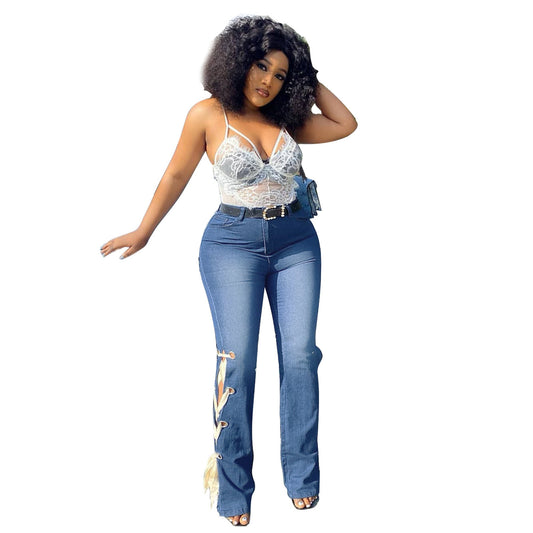 Pantalones Bootcut Azul Marino con Cordones Ajustables