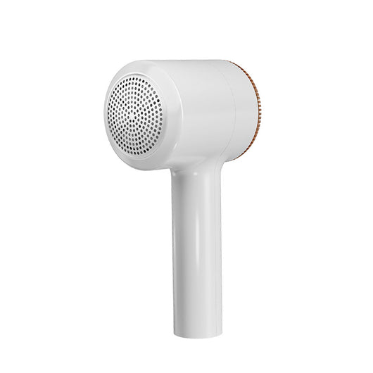 White electric lint remover with a perforated metal screen and a brown textured accent band. - Image 4