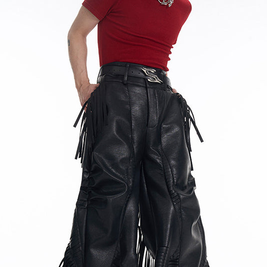 Pantalones de Cuero PU con Diseño Exclusivo y Detalles de Borla