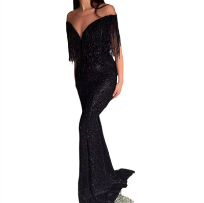 Vestido Largo Negro con Lentejuelas - Escote en V Ajustado - Image 11