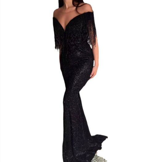 Vestido Largo Negro con Lentejuelas - Escote en V Ajustado - Image 11