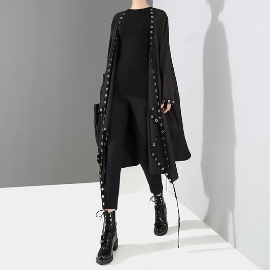 Abrigo Trench Coat Negro Entallado de Manga Larga para Mujer