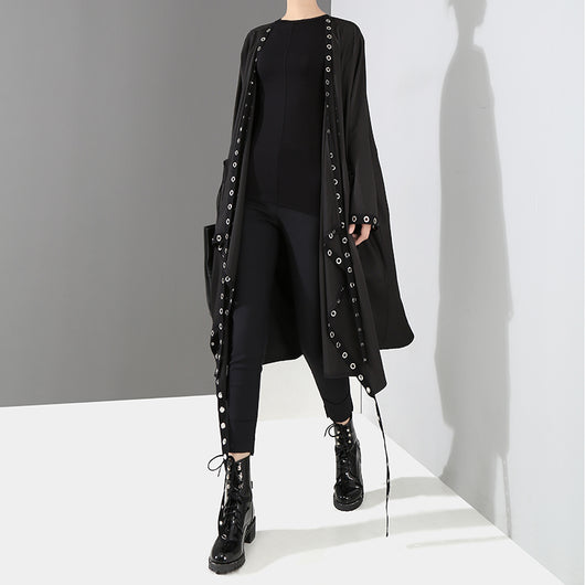 Abrigo Trench Coat Negro Entallado de Manga Larga para Mujer