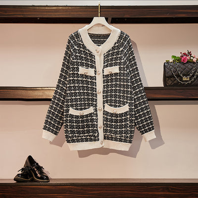 Cardigan Tejido Cuadros Mujer Estilo Elegante Oversize Abrigo Grueso - Image 5