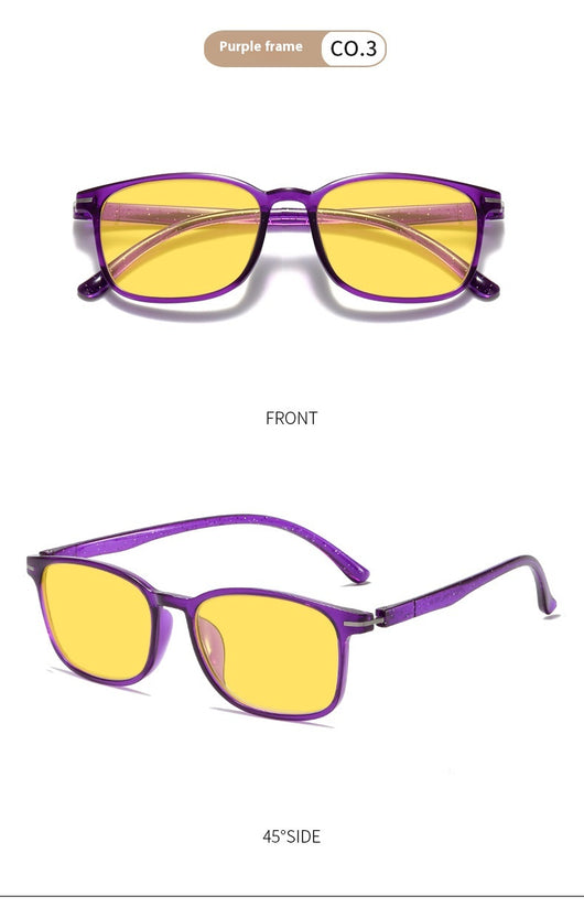 Purple frame glasses with yellow night vision lenses, featuring a subtle glitter effect on the temples. - Image 13