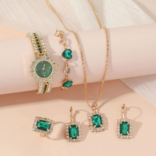 Reloj Cuarzo Verde Acero Inoxidable para Mujer - Set de 5 Piezas con Anillo y Caja de Regalo - Image 2