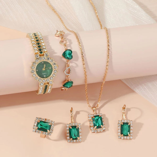 Reloj Cuarzo Verde Acero Inoxidable para Mujer - Set de 5 Piezas con Anillo y Caja de Regalo