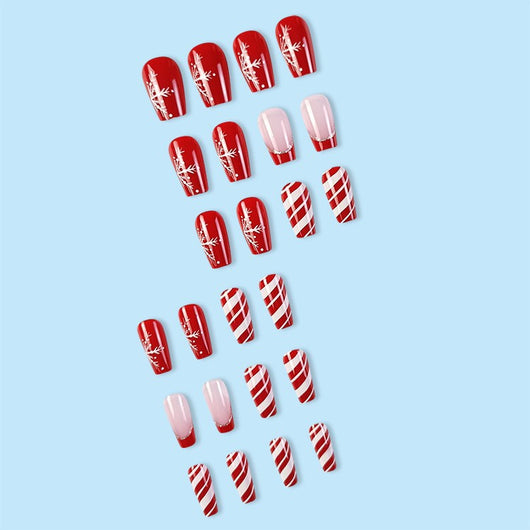 Uñas Postizas Navideñas con Diseño de Copos de Nieve y Rayas - Image 13