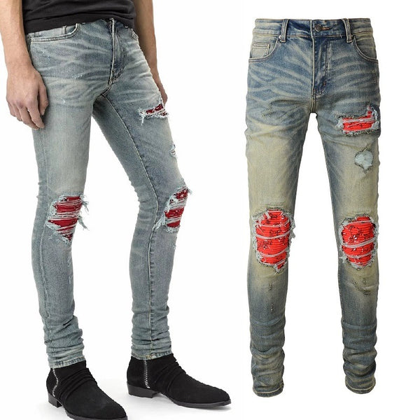 Jeans Rojos Estampados con Pliegues y Cintura Elástica para Hombre