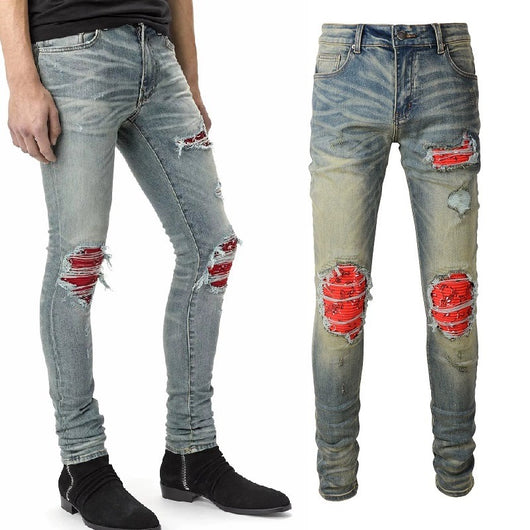 Jeans Rojos Estampados con Pliegues y Cintura Elástica para Hombre