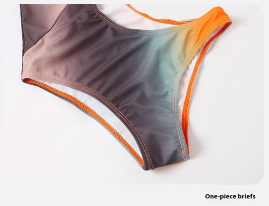 Ombre one-piece swimsuit with a large torso cutout and a matching sarong tied at the hip. - Image 13