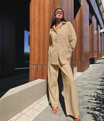 Conjunto Casual Khaki de Lino y Algodón - Camisa y Pantalón Ancho Estilo Urbano para Mujer - Image 15