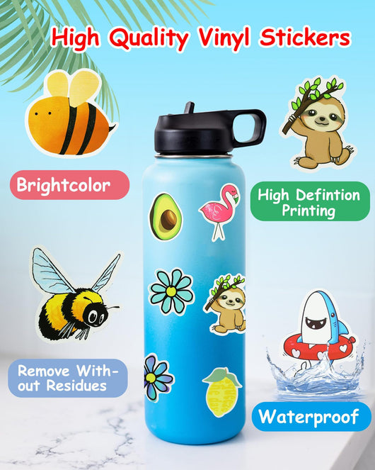 200 assorted waterproof PVC stickers featuring diverse designs like sunflowers, butterflies, rainbows, travel scenes, and positive quotes. - Image 14