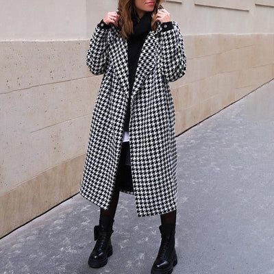 Abrigo Largo Estilo Británico con Estampado Pata de Gallo para Mujer - Image 2