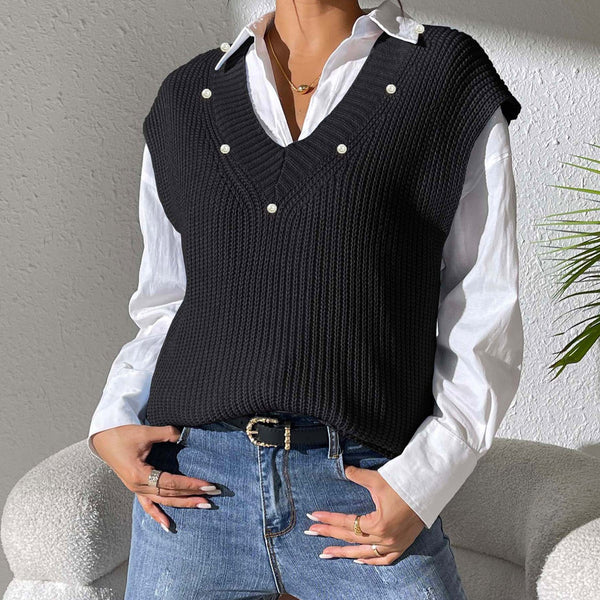 Chaleco Tejido con Perlas en Escote V - Elegancia Minimalista