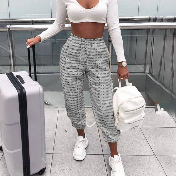 Pantalones Anchos Estilo Urbano con Estampado de Letras y Amarre