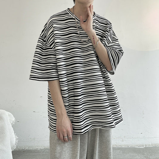 Playera Hombre Suelta Rayas Ice Silk Manga Corta