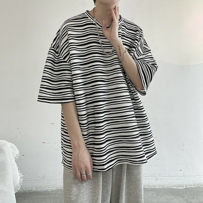 Playera Hombre Suelta Rayas Ice Silk Manga Corta
