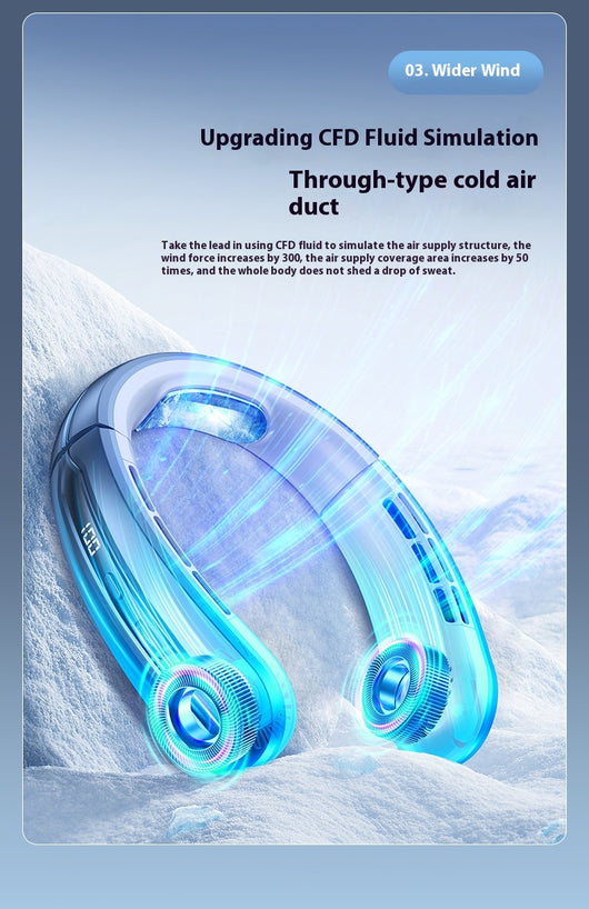 Ocean blue portable neck fan with digital display, showing 100 fan speed, designed for outdoor sports and personal cooling. - Image 23