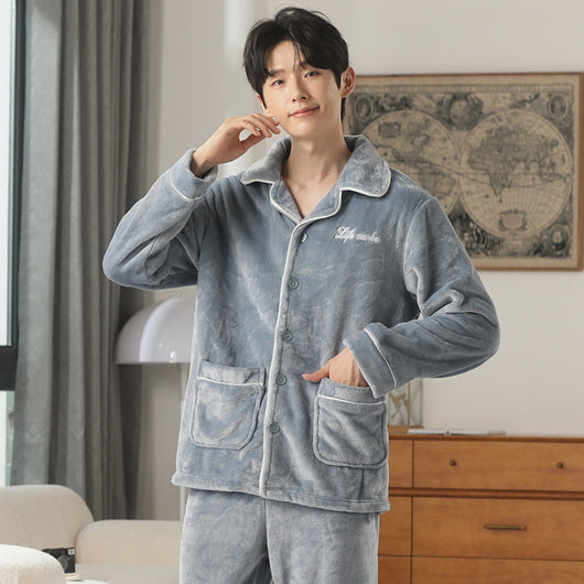 Pijama de Franela para Hombre con Solapa - Abrigo Cardigan Otoño e Invierno - Image 9