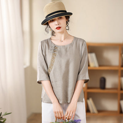 Blusa de Lino Bordada con Cuello Redondo - Image 4